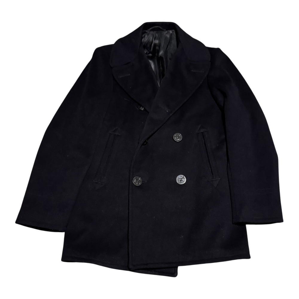 Vintage 60s DSA‎ 100-4212 Black Wool Kersey Navy Button Peacoat Men's 38 FLAWS
